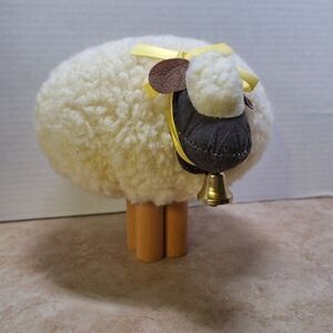 Dept 56 'Le Mouton' Wooly Sheep 1983 Plush Figurine Spring Easter Bell Wood Legs